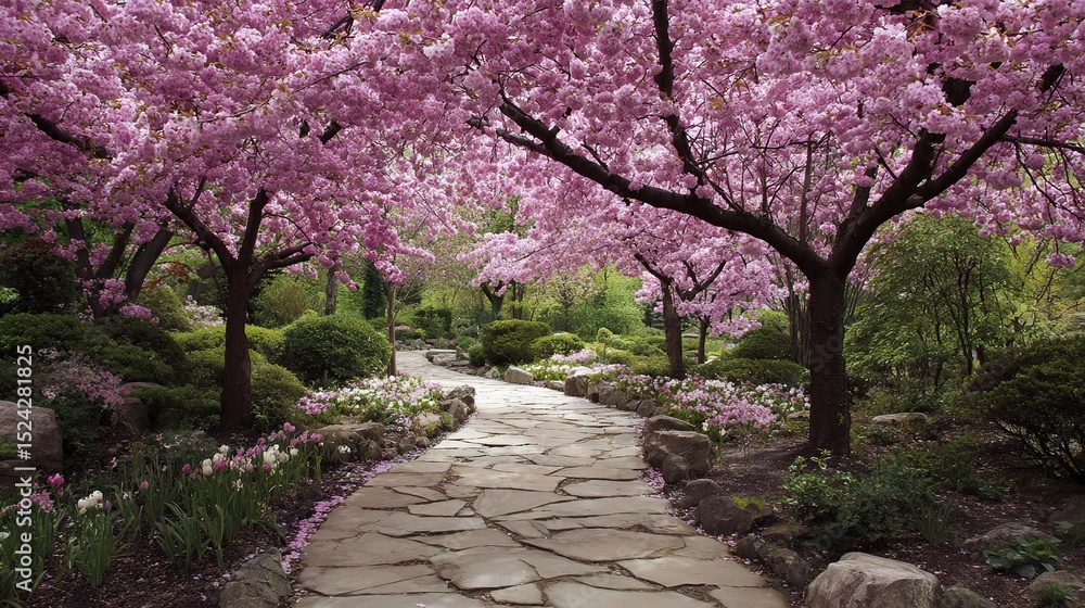 Fototapeta premium Serene Garden Path Framed by Blooming Cherry Trees in Spring