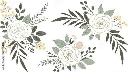 Set of floral branch. Flower pink rose, green leaves. Wedding concept with flowers. Floral poster, invite. Vector arrangements for greeting card.