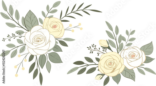 Set of floral branch. Flower pink rose, green leaves. Wedding concept with flowers. Floral poster, invite. Vector arrangements for greeting card.