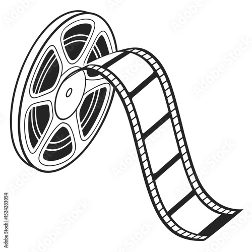 Film reel with film strip unrolling isolated on white