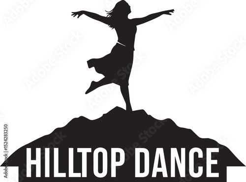 Silhouette of woman dancing on hilltop isolated on white background. Premium vector illustration. 