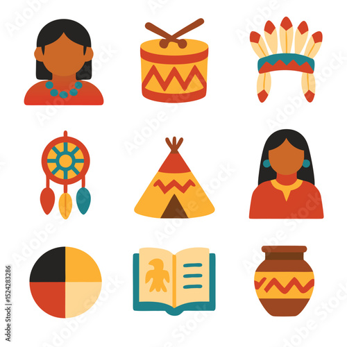 Native American icons symbolize cultural heritage, perfect for educational materials, history presentations, and cultural awareness campaigns.