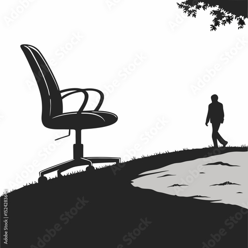 Giant office chair on hillside man walking away