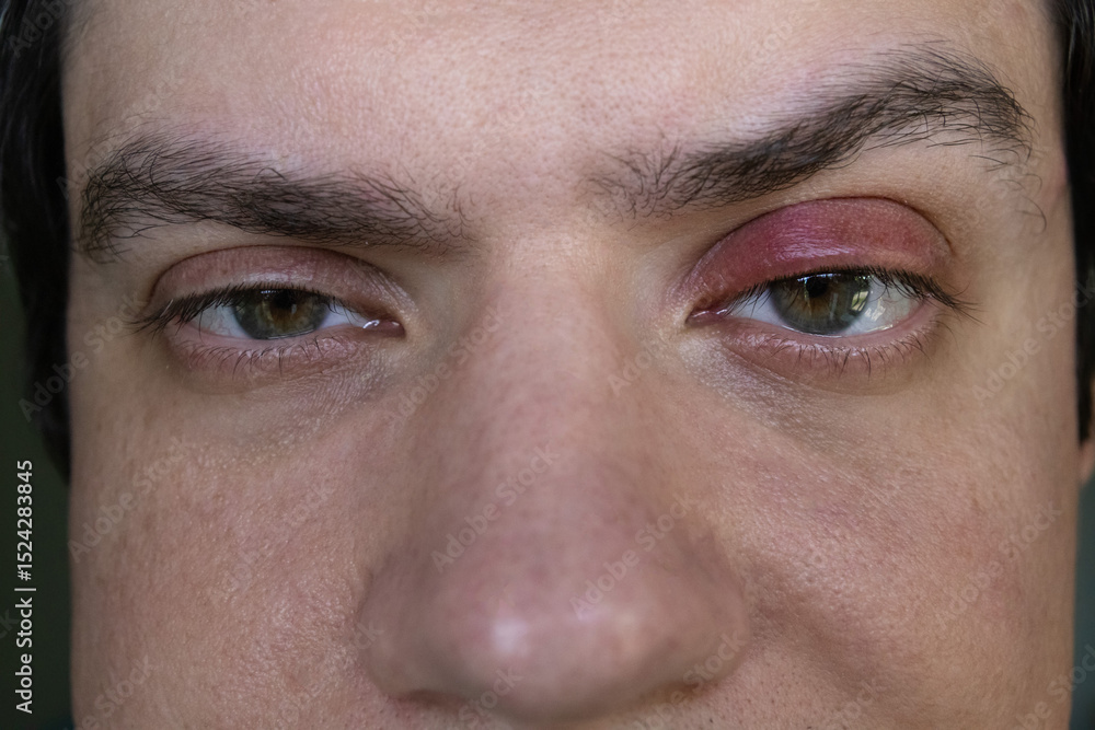 Fototapeta premium Man suffering from upper eyelid swelling and redness. Common symptom of stye, blepharitis or chalazion.