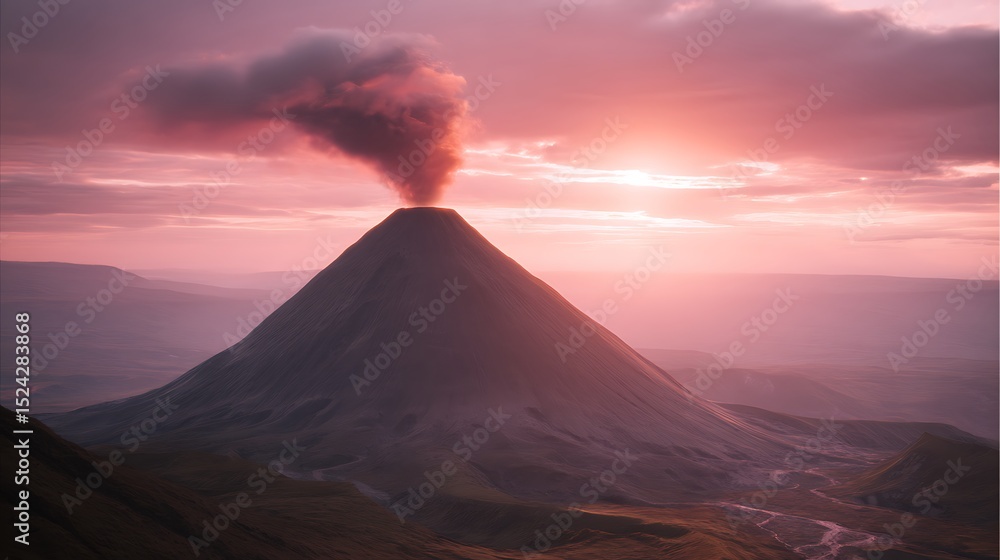 Fototapeta premium Erupting volcano at sunset landscape view