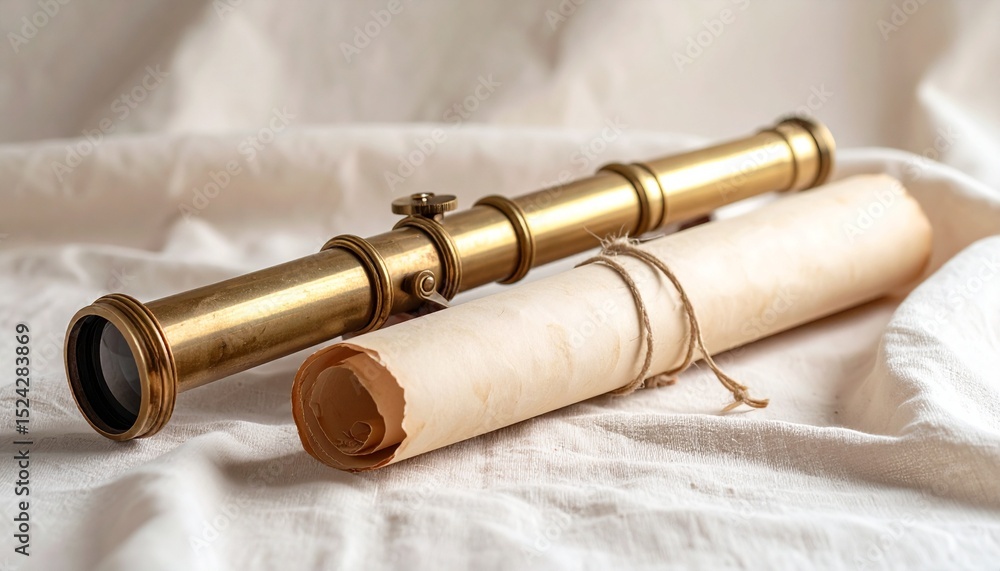Antique Brass Telescope and Rolled Parchment on Linen Fabric. Antique Brass Telescope and Rolled Parchment on Linen Fabric.