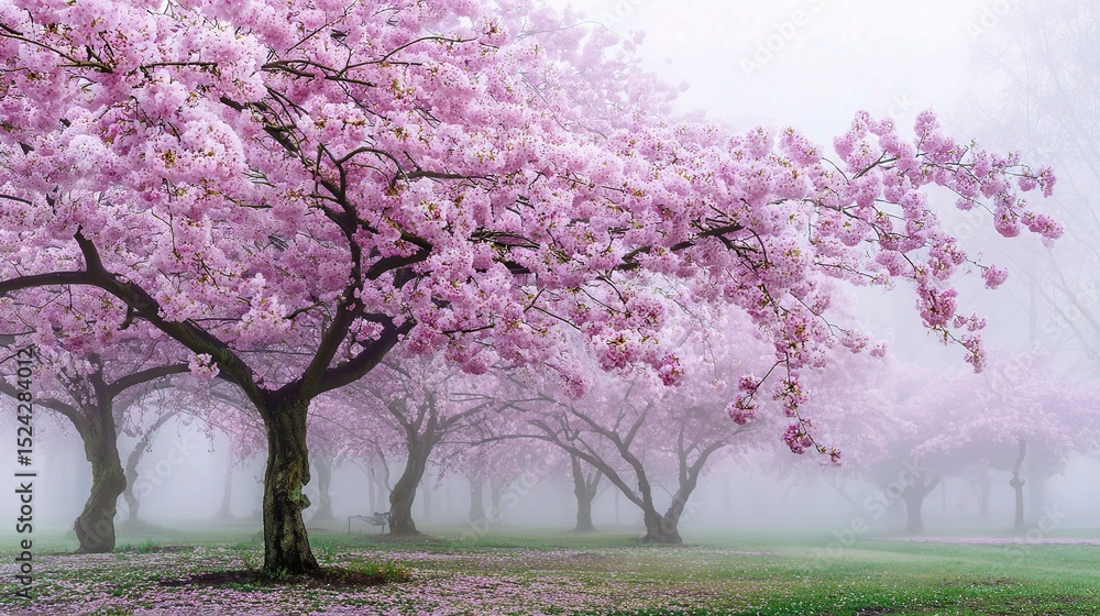 Obraz premium Misty Morning Haze Over Cherry Trees in Full Bloom