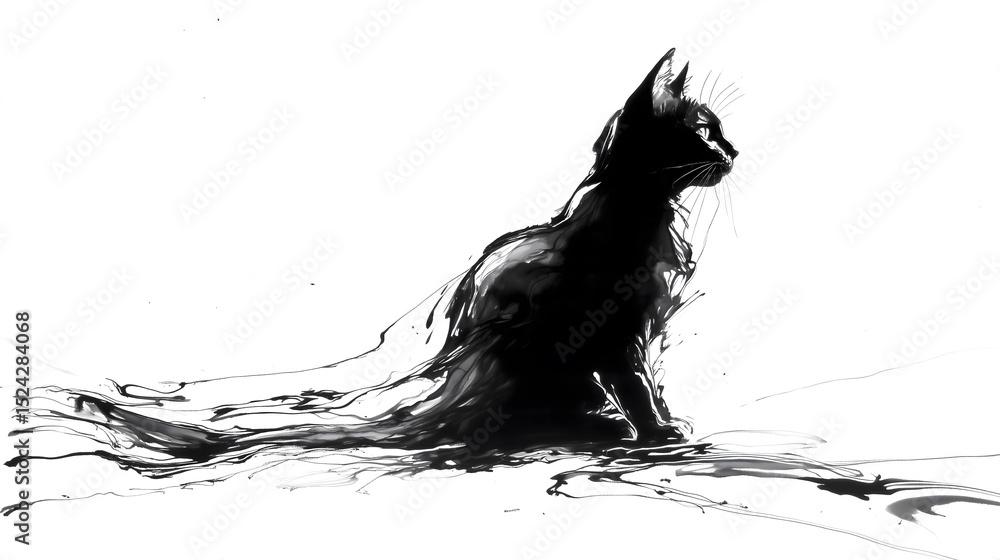 Fototapeta premium Black cat sitting calmly in minimalist line art style. Ideal for tattoo design, aesthetic artwork, and modern home decor.