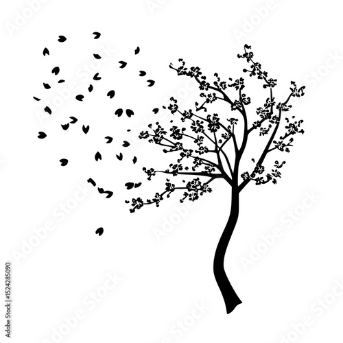 black silhouette of a tree with falling leaves and birds flying bird, black, fly, silhouette, tree, wind , Generative art.