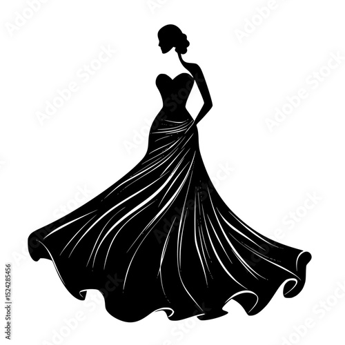 black and white silhouette of a young beautiful woman in a long evening dress beautiful, black, dress, evening dress, female, girl, long, silhouette, woman, young , Generative art.
