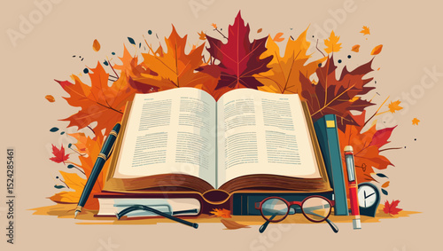 Open book surrounded by autumn leaves and stationery, warm atmosphere, educational illustration, copy space