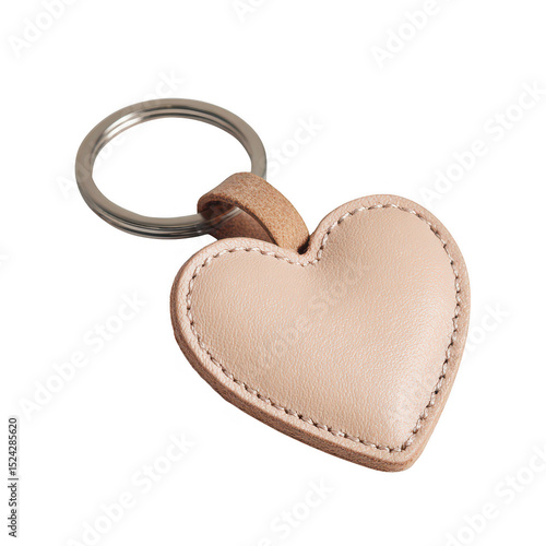 Pink leather heart keychain isolated on transparent background