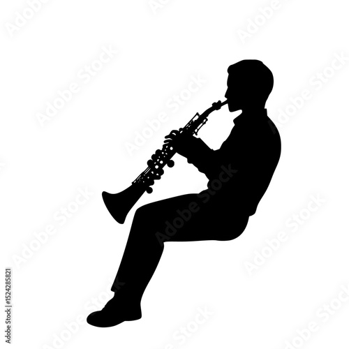 black silhouette of a man playing a saxophone on a transparent background black, instrument, man, musical, play, saxophone, silhouette , Generative art.