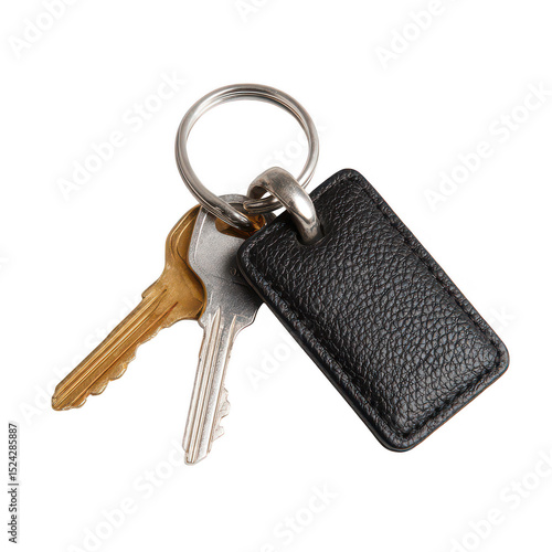 Black leather keyring with two keys isolated on transparent background