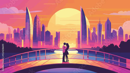 Couple embracing on a bridge during a sunset in a vibrant cityscape, romantic scenery, artistic illustration, copy space