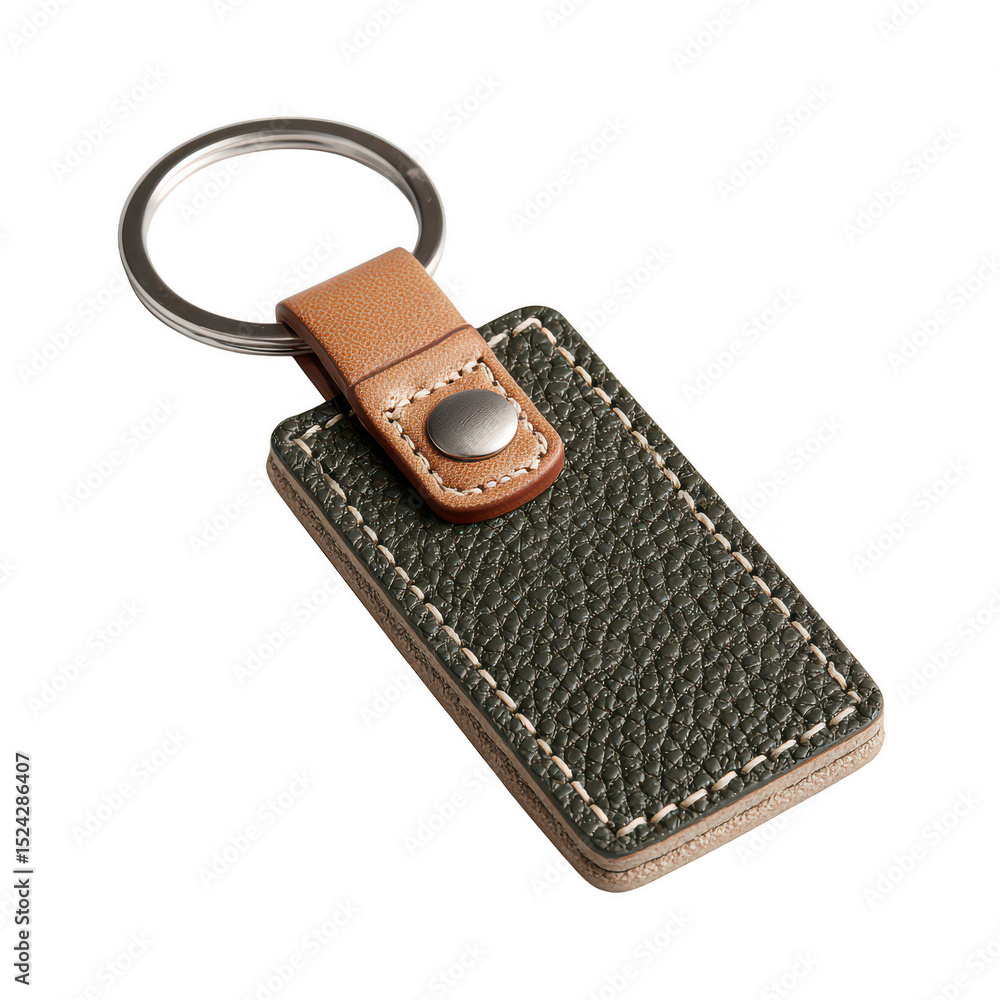 Olive green leather keyring with tan strap isolated on transparent background Olive green leather keyring with tan strap isolated on transparent background