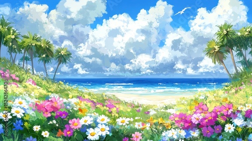 A vibrant beach scene filled with colorful flowers and lush palm trees under a clear sunny sky