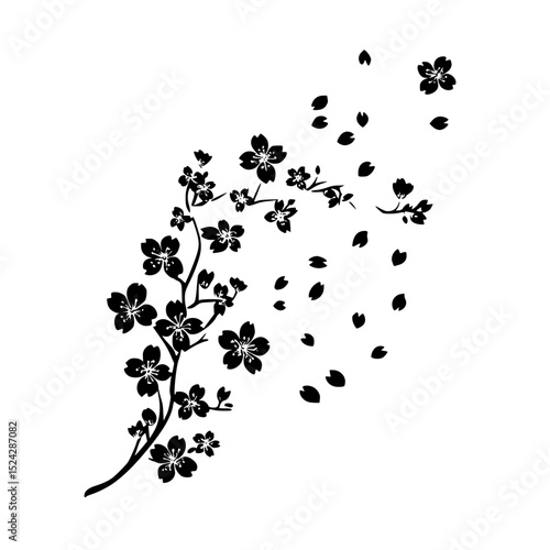 the black silhouette of a branch of a tree with small flowers on a transparent background black, branch, design, floral, flower, silhouette, small, style, tree , Generative art.