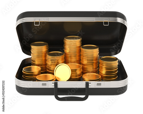 Open leather briefcase with money on white background. Isolated 3D illustration