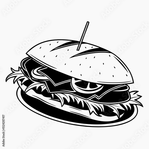 Delicious sub sandwich black and white illustration