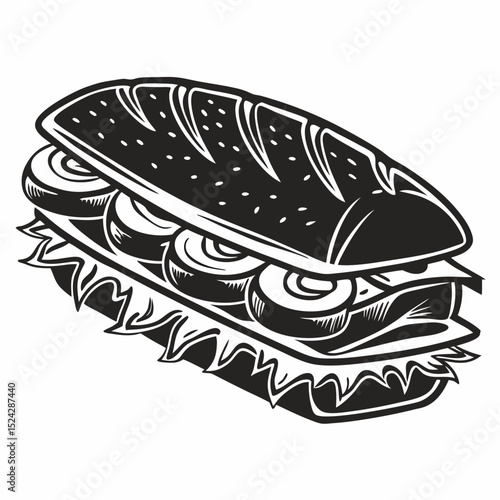 Delicious sub sandwich black and white illustration