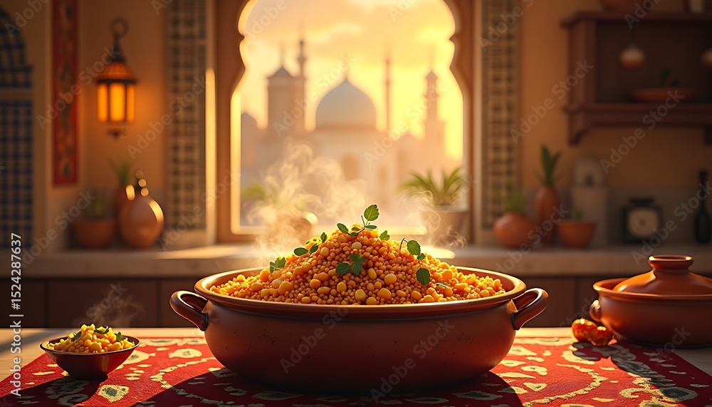 Fototapeta premium Steaming Lentil Dish: Middle Eastern Cuisine, Ornate Window, Distant Mosque, Golden Hour Light.
