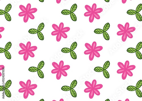 Seamless Pattern Design Featuring Pink Flowers and Green Leaves Perfect for Textile Prints and Backgrounds (Created by graphics program)