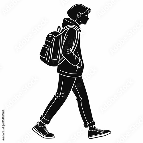 Walking teenager silhouette backpack casual style