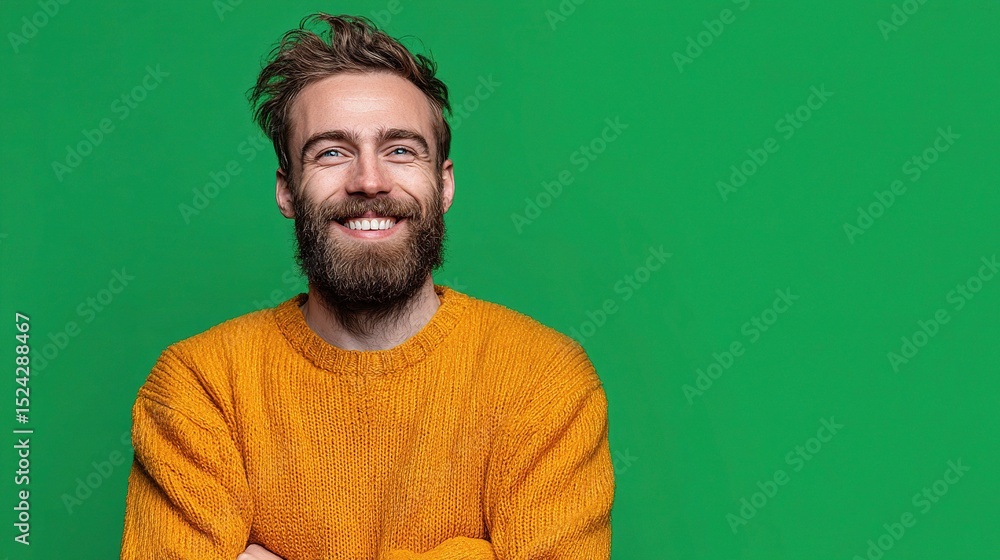 Happy Young Man Smiling in Bright Orange Sweater Against Green Background Happy Young Man Smiling in Bright Orange Sweater Against Green Background