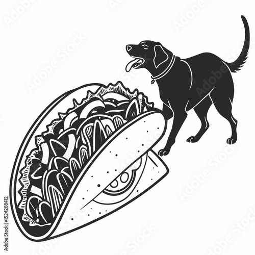 Delicious taco and hungry dog black and white illustration