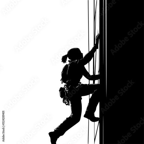 a black and white silhouette of a woman climbing a building black, building, climb, person, silhouette, woman , Generative art.