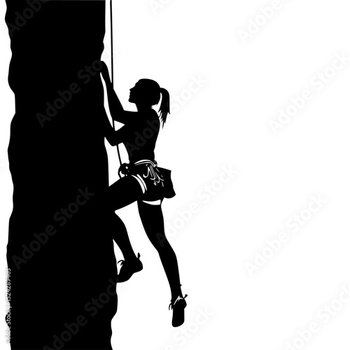 a black and white silhouette of a young woman climbing a steep cliff black, cliff, climb, climber, girl, hang, rock climber, silhouette, steep, woman, young , Generative art.