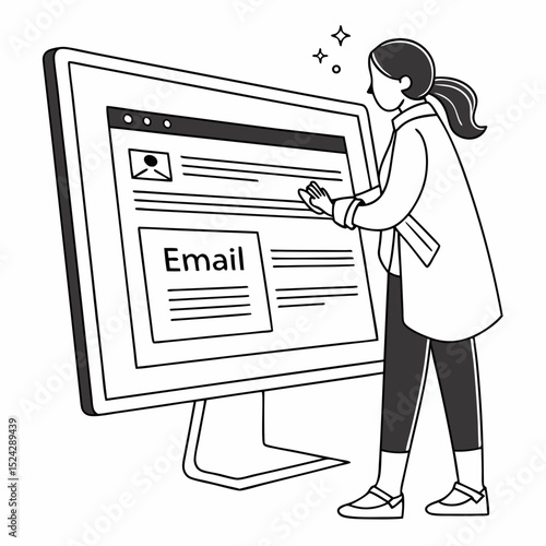 Woman interacting with email on large computer screen
