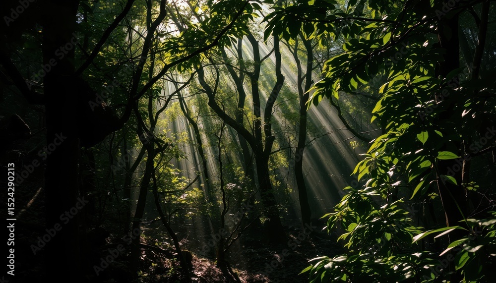 Obraz premium Sunbeams Piercing Through Lush Forest Canopy