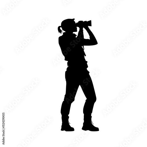 a black and white silhouette of a man taking a picture of a woman with binoculars binocular, black, camera, look, man, photo, photographer, picture, silhouette, woman , Generative art.