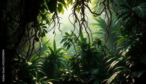 Fototapeta Naklejka Na Ścianę i Meble -  Lush Tropical Rainforest Sunlight Through the Canopy