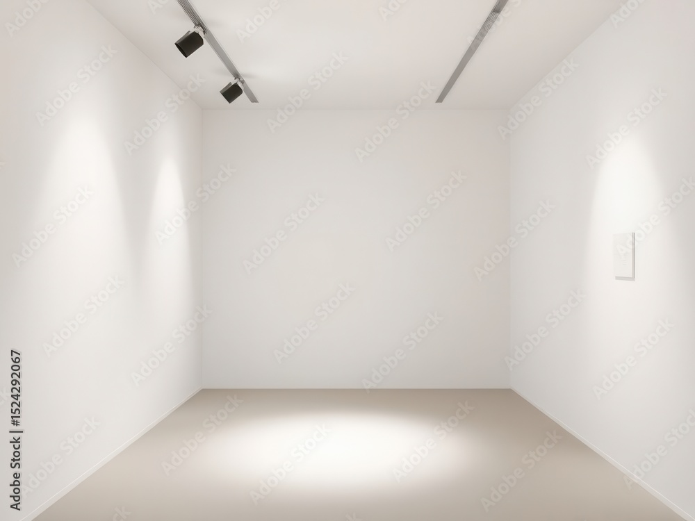 Empty interior space with white walls and a light-colored floor. Spotlights illuminate the area, creating a clean and modern atmosphere. Empty interior space with white walls and a light-colored floor. Spotlights illuminate the area, creating a clean and modern atmosphere.