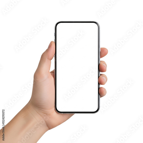 modern smartphone with transparent screen in left hand on transparent background, smartphone in hand, png mockup for any background and any image on the screen, generative ai