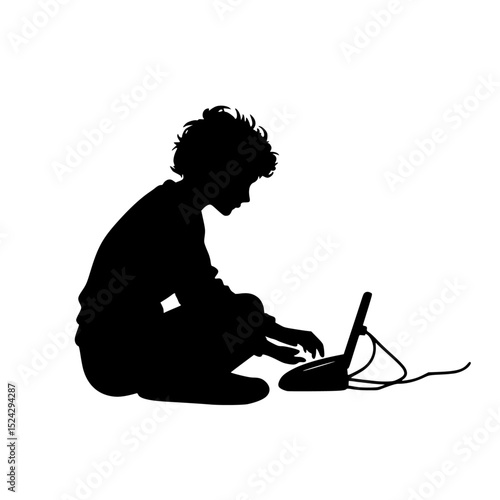 a black silhouette of a man sitting down on the floor working on a laptop black, boy, child, computer, floor, laptop, man, person, silhouette, sit , Generative art.