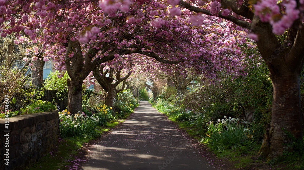 Fototapeta premium Cherry Blossom Archway Over Footpath in Natural Spring Setting