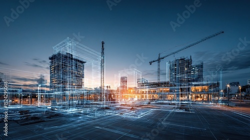 Digital Blueprint Overlay on Building Site at Twilight