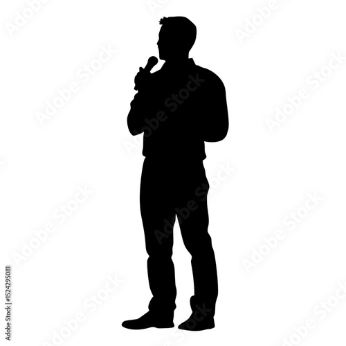 a black silhouette of a man talking on the phone black, man, microphone, phone, silhouette, stand, talk , Generative art.