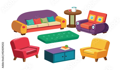 Colorful furniture icons and 3D renders of comfortable living room sets, including sofas, chairs, beds, and tables, for home interior design