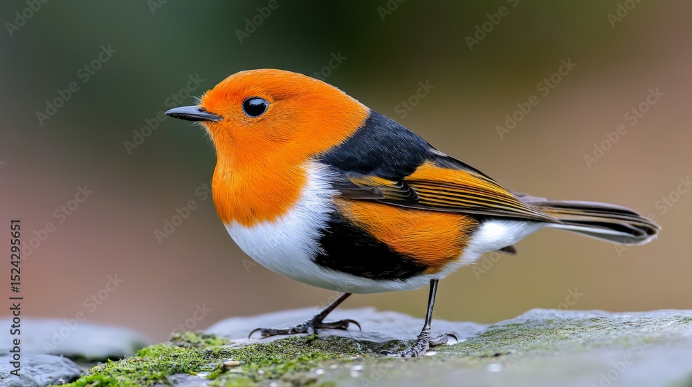 Fototapeta premium Bright orange and black bird perched on a mossy surface with a blurred background