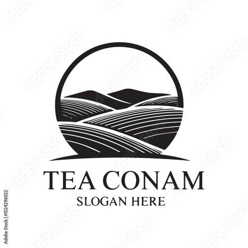 Features a stylized landscape of rolling tea fields enclosed in a circular frame, conveying a natural and organic brand image. Vector abstract logo design. 