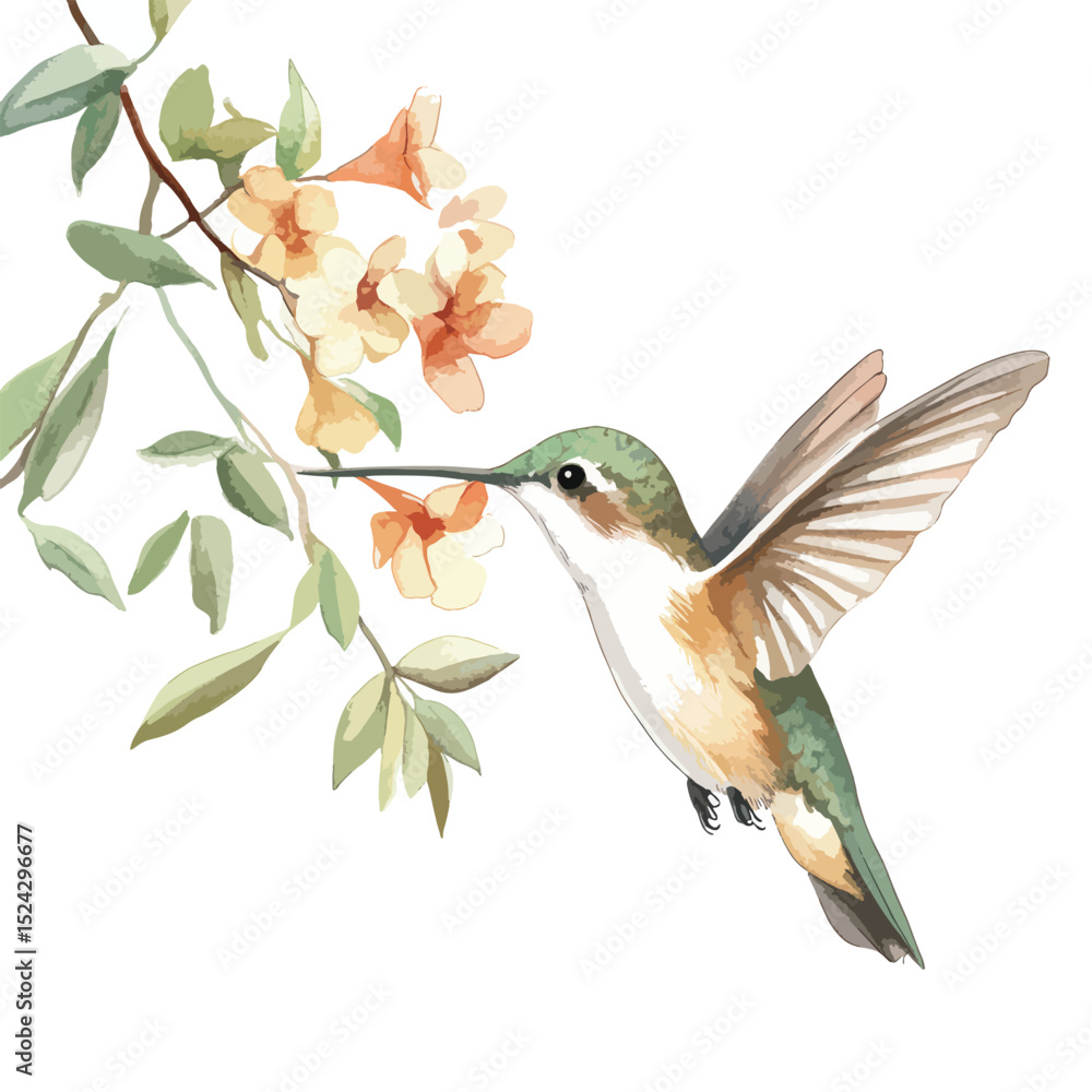 Obraz premium Watercolor Hummingbird in Flight Nectar Feeding on Delicate Blossoms