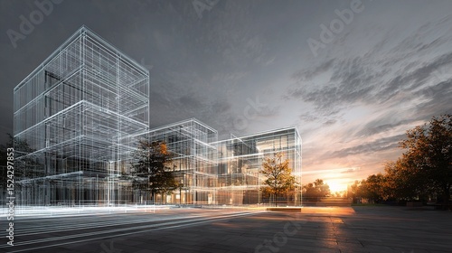 Digital Building Rendering Overlay on Physical Site at Sunset