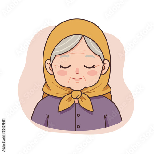 Elderly woman with closed eyes wearing a headscarf and smiling  