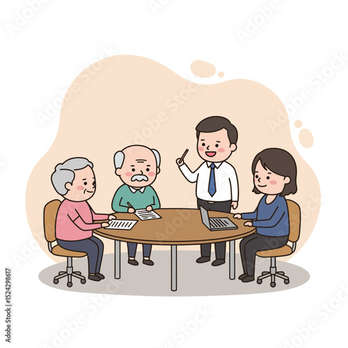 Four people discussing retirement fund planning during a meeting  