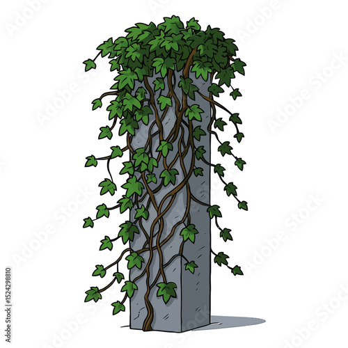 Vector Cartoon Concrete Pillar with Climbing Ivy Vines